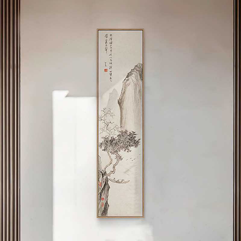 新中式装饰画竖长条大幅三四联屏字画茶室茶楼玄关书房名客厅挂画