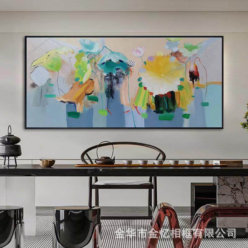 纯手绘新中式禅意装饰画客厅横幅大尺寸油画荷叶荷花抽象挂画