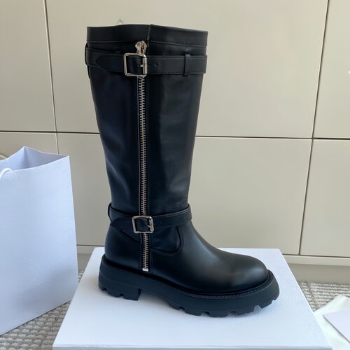 黑色高筒女骑士靴皮带扣侧拉链