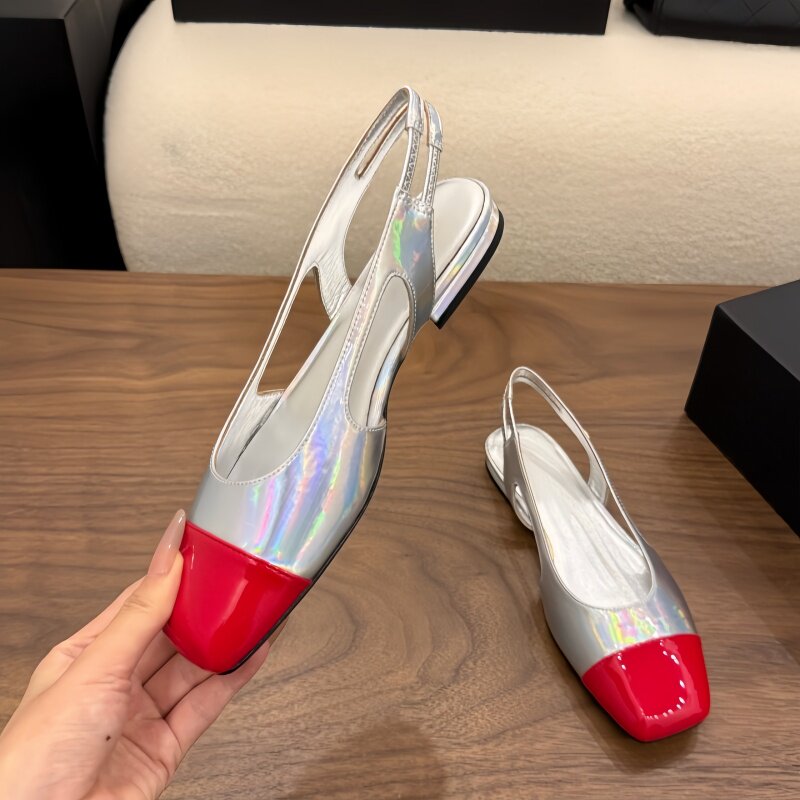 维多娜法式拼色包头羊皮凉鞋女夏