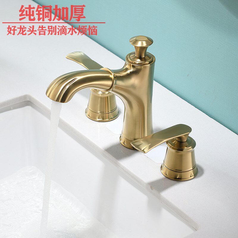 纯铜加厚抽拉式面盆龙头冷热欧式双把三孔可伸缩卫生间台盆混水阀