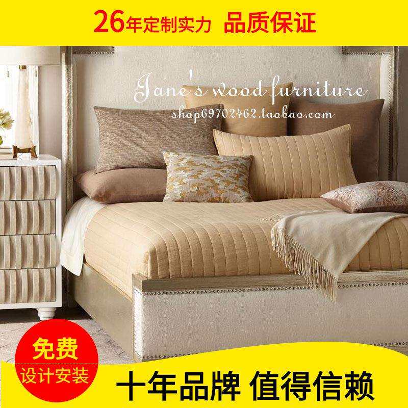 出口外贸美式乡村实木床1.5仿古做旧布艺婚床复古双人橡木床1.8