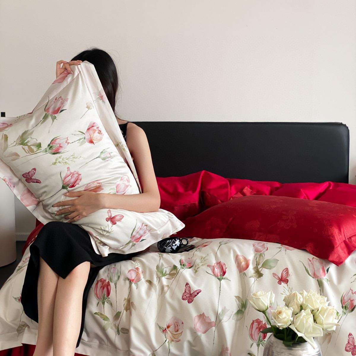 床上四件套被套纯棉长绒棉结婚红色婚庆4件套简约时尚高档陪嫁喜
