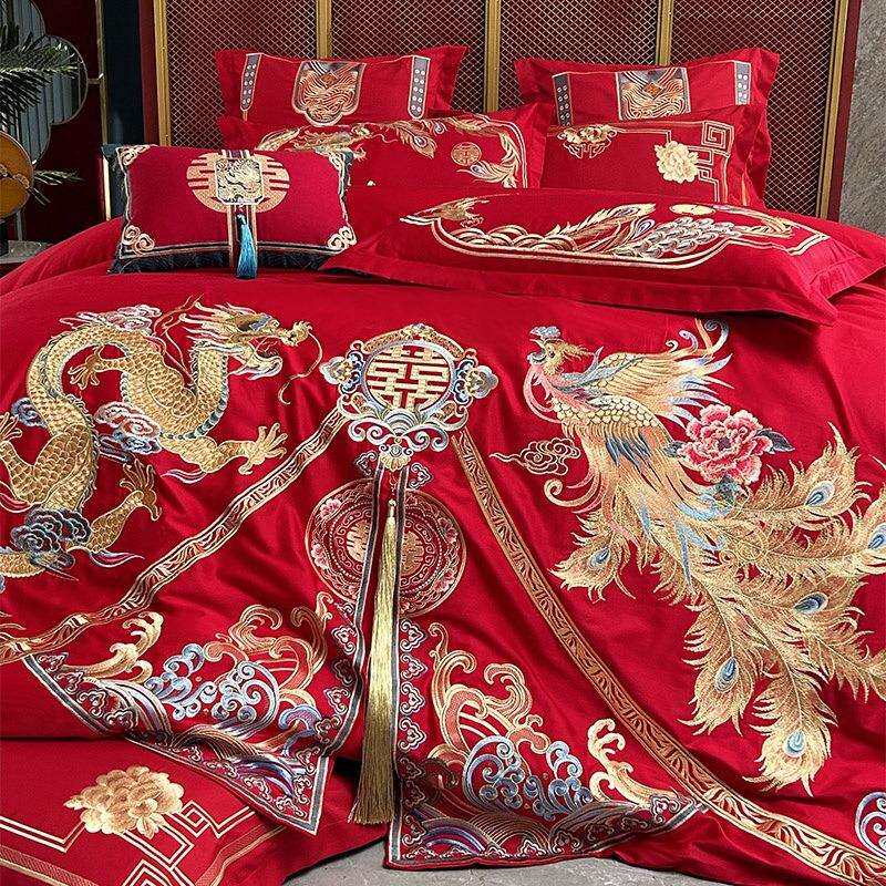 高档婚庆四件套大红色全棉刺绣结婚床品新婚喜被套件纯棉绣花床品
