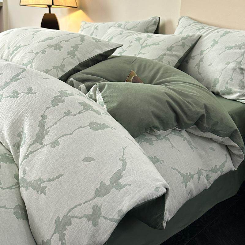 纯棉双层纱色织提花四件套轻奢全棉水洗被套床单床笠床上用品枕套