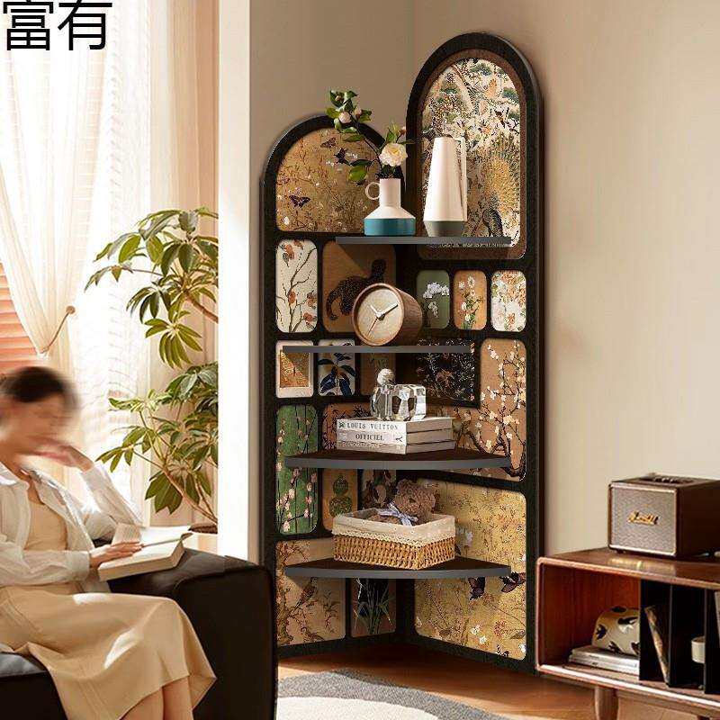 中古风装饰画客厅电视柜旁边转角柜复古置物架多层收纳柜三角柜