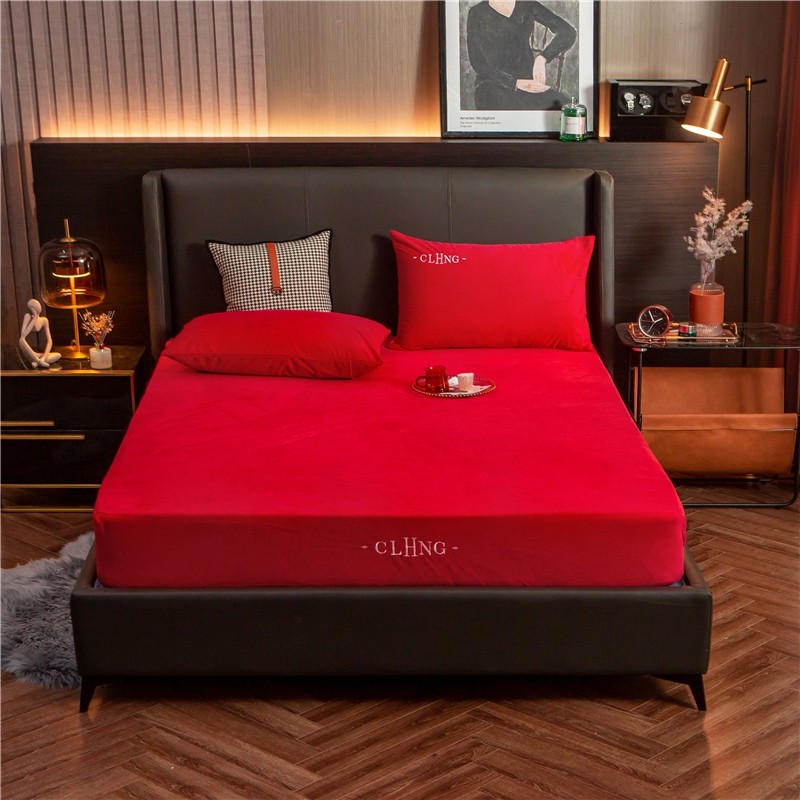 新款水晶绒刺绣单件床笠秋冬保暖床垫套结婚喜庆大红色毛绒款床套