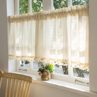 新款 棉麻纱帘半帘短帘厨房飘窗阳台遮光免打孔窗帘 透光不透人日式