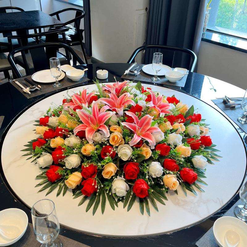 酒店饭店大圆餐桌花中间摆花轻奢花圆桌台花仿真花桌面装饰转盘花