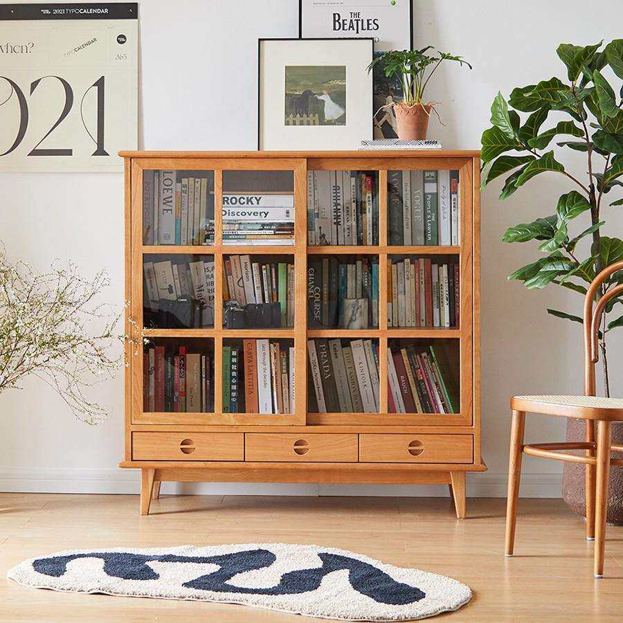 北欧实木书柜杂志柜中古客厅餐边柜玻璃展示柜收纳储物落地书柜