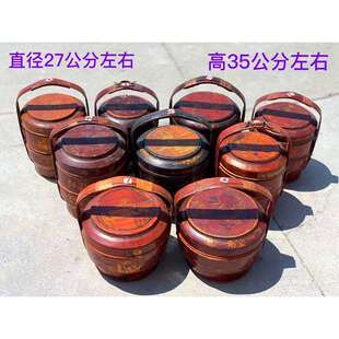 怀旧老式描彩绘柏木手提食盒点心盒子茶具老式提篮民俗展示老物件