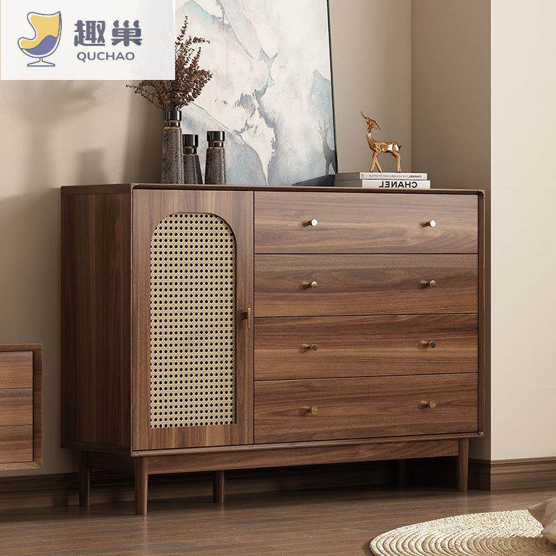 复古藤编实木收纳柜斗柜小立柜置物柜客厅卧室靠墙储物柜抽屉柜