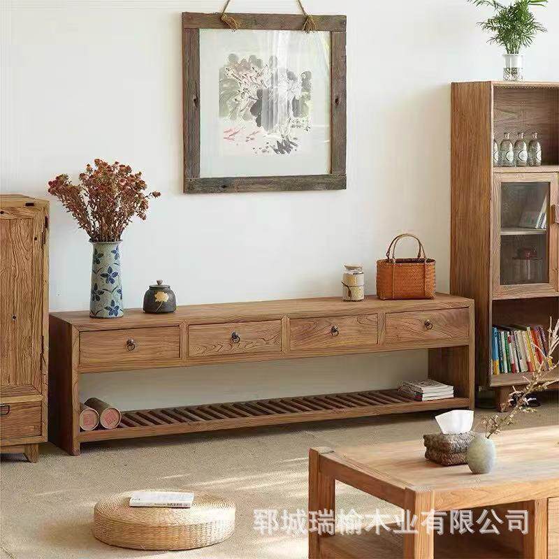 复古老榆木电视柜茶几组合靠墙小户型矮柜民宿酒店地柜茶几组合