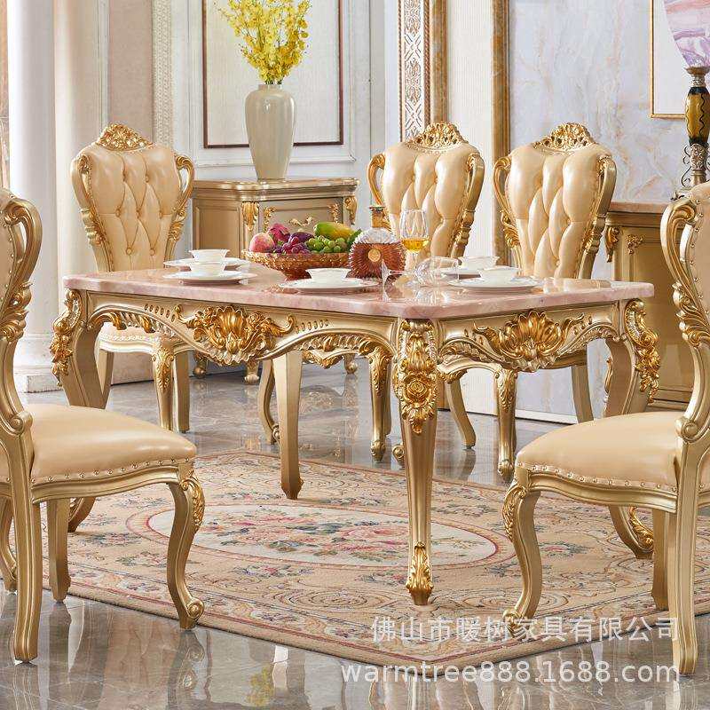 厂家直销欧式全实木餐桌贵族金餐桌大理石面长餐桌一桌六椅组合