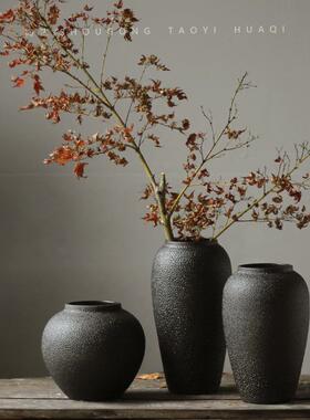 JKK北欧复陶古磨砂黑色陶罐陶居瓷干花花瓶件家客摆厅禅意插花粗