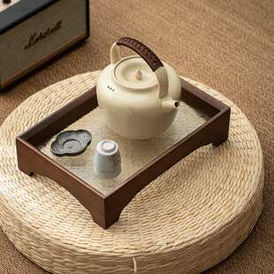 胡桃木窗花玻璃托盘四方高脚小茶盘家用放杯子收纳盘水果点心盘餐