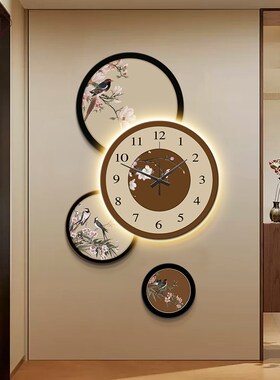 法式入户玄关装饰画带钟表挂钟复古客厅2024新款组合时钟挂墙壁画