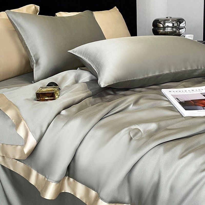 夏季凉感双面纯色天丝夏凉被四件套简约拼角丝滑可水洗裸睡空调被