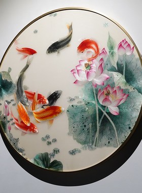 手工苏绣年年有余圆形带框装饰画玄关书房客厅新中式成品刺绣挂画
