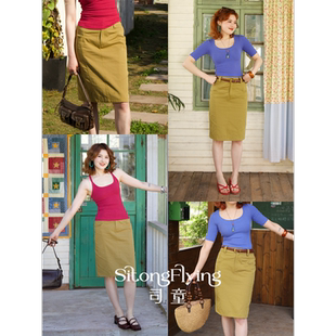 司童 通勤开衩一字裙 卡其绿工装