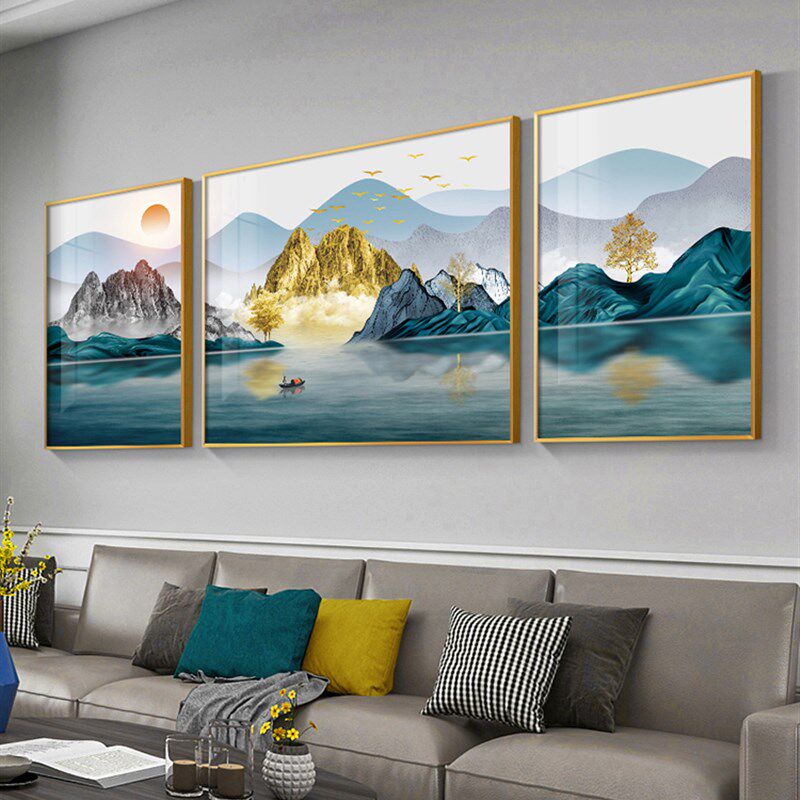 金山富水客厅山水三联画装饰画现代简约高端画沙发背景墙挂画