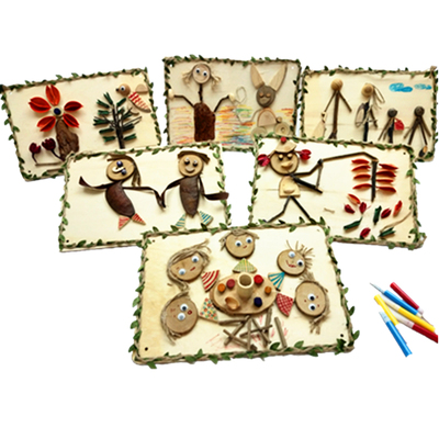 自然综合材料木片相框黏贴彩画创意DIY手工制作幼儿园儿童木工坊