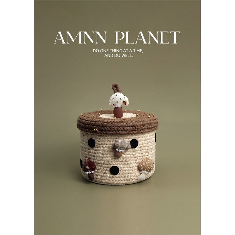 AMNN 森系金钱菇波点棉线收纳桶创意家居带盖桌面零食杂物收纳盒