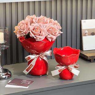 高颜值红色花摆瓶高级摆感瓷客厅桌面玄关件陶新坪瑟R2cX婚礼物结