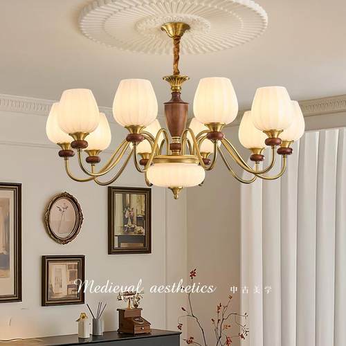 客吊灯中古风木337美式复古全铜胡桃护木色实书房厅眼灯卧室餐厅