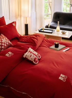 现代简约被100支红色结婚四FT441634件套棉毛喜纯字婚磨庆套全棉