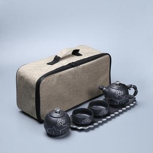 联纵 手绘粗陶描金莲花茶具户外旅行一壶二杯带茶盘套装