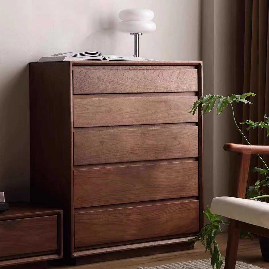 北美黑胡桃木实木五斗柜现代简约樱桃木卧室储物斗柜客厅沙发边柜