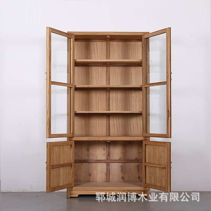 老榆木书架实木玻璃展示柜文件资料储物柜新中式陈列柜仿古书柜