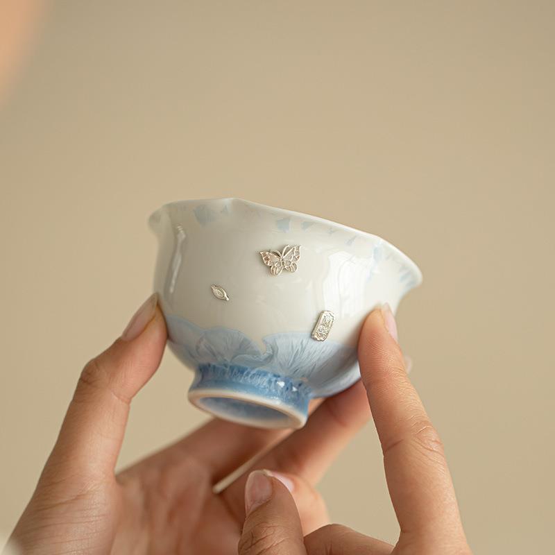 景德镇结晶釉窑变锔钉花口茶杯陶瓷茶具主人杯客杯品茗杯女生喝茶