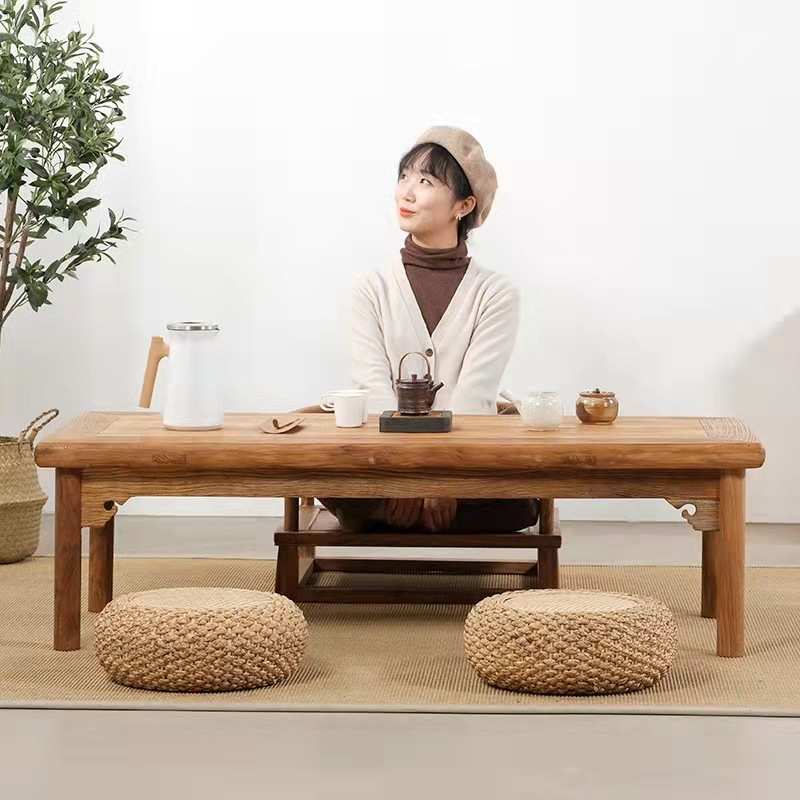家用客厅小户型禅意榻榻米茶桌风化老门板复古实木茶几老榆木茶台