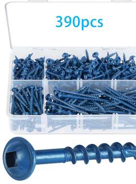 跨境390pcs盒装四方槽华司头洗尾粗牙木螺丝#8路锈宝蓝色自攻钉