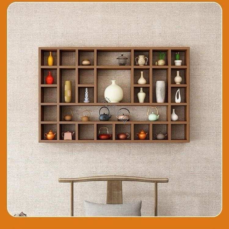 客厅展示架实木格子架壁挂造型置物架子隔板茶壶杯子架墙上博古架