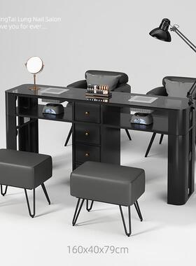 玻璃美甲桌带吸尘器简约美甲店桌椅套装单双人黑色桌y^