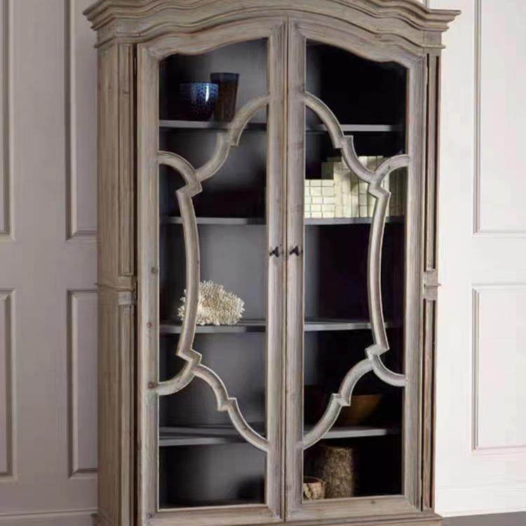 美式实木书柜复古做旧雕花展示柜收纳柜简约客厅双门玻璃柜储物柜,电子元器件市场,其它元器件,淘宝优惠券,粉丝福利购,淘宝优惠卷