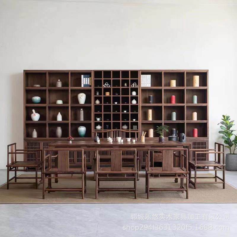 新中式黑胡桃博古架组合套装禅意书架老榆木格子办公室茶具展示柜