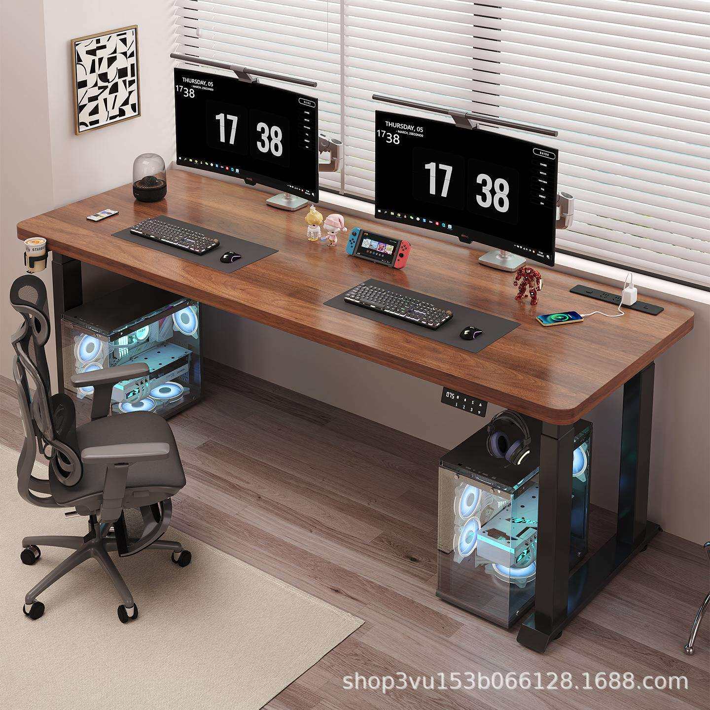 4腿4立柱实木自动电动升降桌可移动双人电竞电脑桌支架家用大尺寸