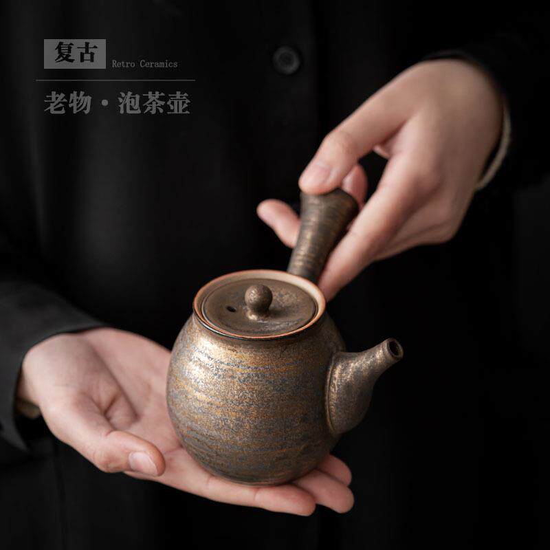 鎏金做旧茶壶瓷柄侧把壶家用客厅手把壶泡茶器陶瓷功夫陶壶小单壶