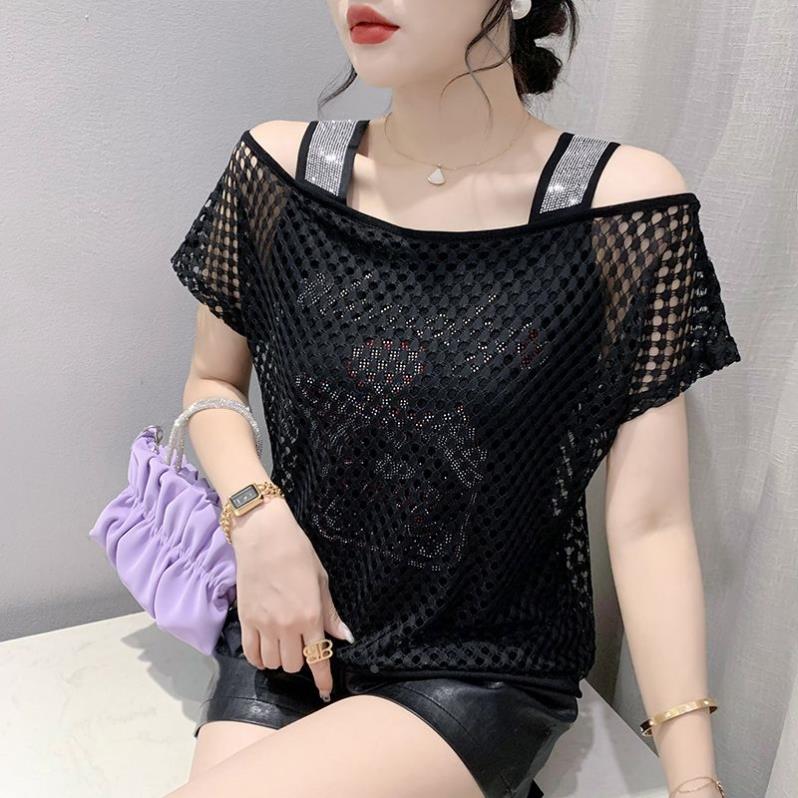 2026年夏季新款超仙性感蕾丝上衣女大码女装遮肚露肩烫钻气质小衫