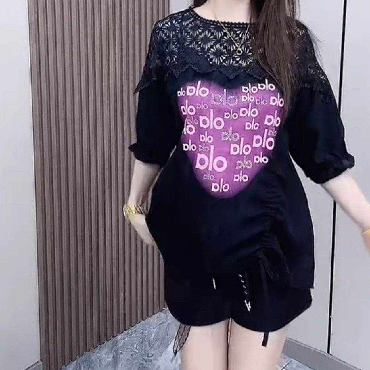 欧货网红款蕾丝拼接中长款短袖衬衫女夏烫钻爱心抽绳大码遮肉上衣