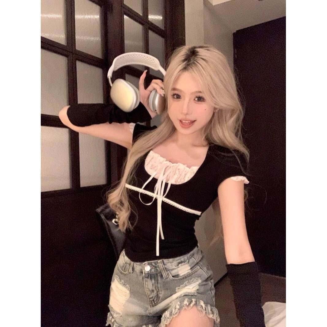 纯欲辣妹假两件黑色T恤女早春袖套蕾丝打底衫设计感内搭短款上衣