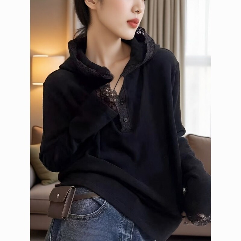 蕾丝花边连帽打底衫女德绒秋冬新款卫衣女保暖叠穿外穿上衣