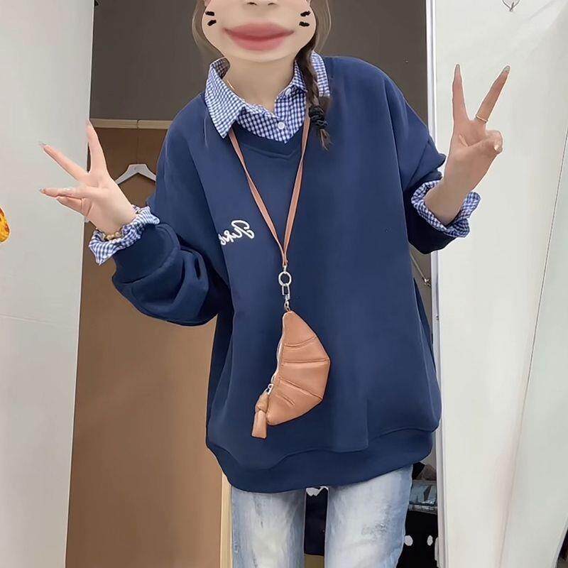 学院风小蓝格拼接刺绣字母假两件加绒加厚卫衣男女宽松百搭上衣潮
