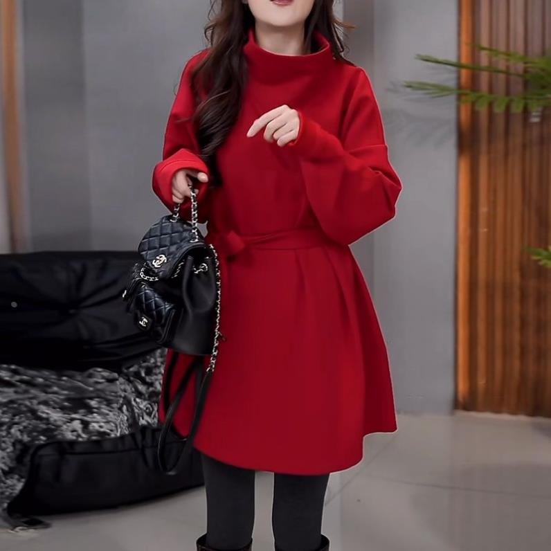 高档时尚百搭半高领打底连衣裙女春秋内搭洋气质休闲减龄红色短裙