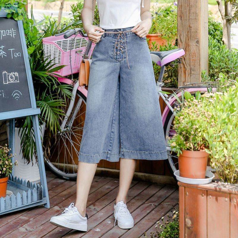 2023夏季新款破洞阔腿牛仔裤女宽松亮片开叉七分裤网红显瘦直筒裤