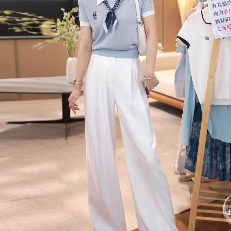 丝巾polo领蓝色短袖针织衫女夏季2025新款高级感百搭宽松显瘦上衣